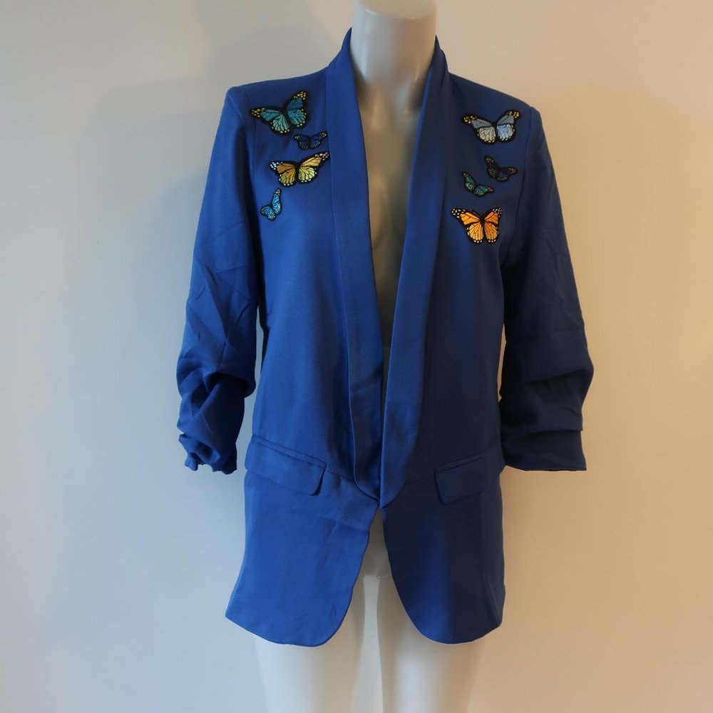 NWT Womens Moving Forward Designs Blue Butterfly 3/4 Sleeve Blazer Jacket M *